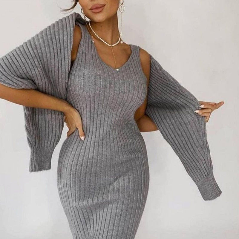 Women Elegant Slim Two Piece Sets Female Sweater Dress Autumn Winter High Waist Knitted Ensemble Femme Medium Long Party Dresses