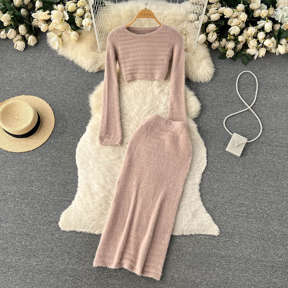 Women Elegant Slim Two Piece Sets Female Sweater Dress Autumn Winter High Waist Knitted Ensemble Femme Medium Long Party Dresses