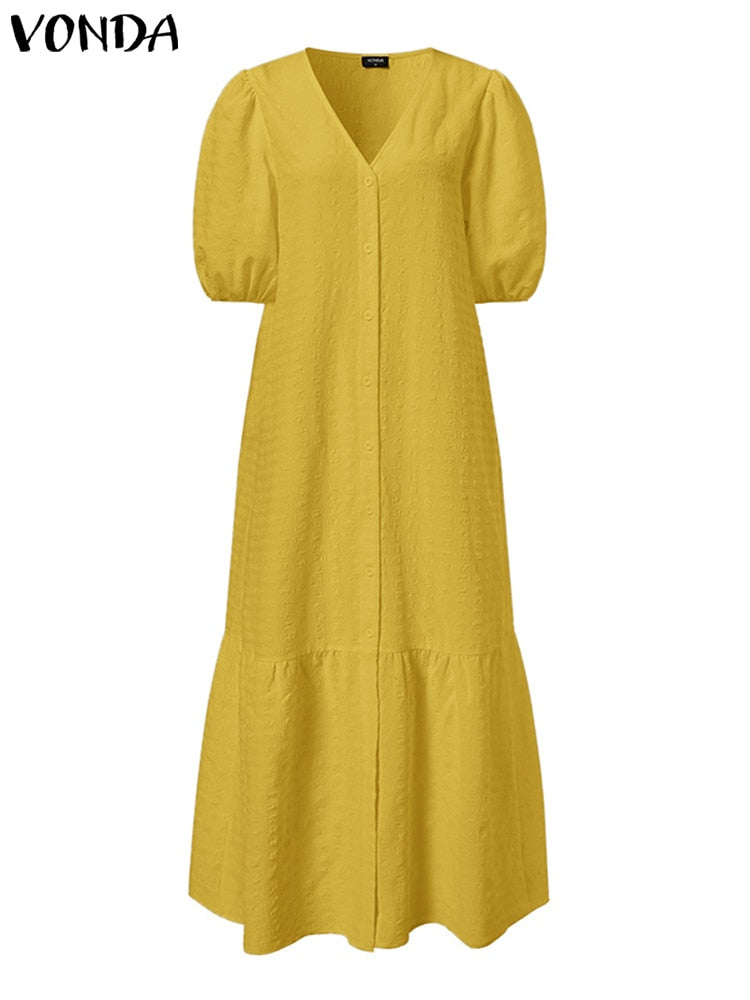 VONDA Plus Size 5XL Women Shirt Dress 2023 Autumn  Sexy V Neck Button Half Sleeve Long Maxi Vestidos Bohemian Elegant Party Robe
