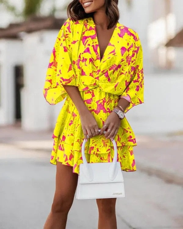Women Sexy V Neck Mini Dresses Summer Boho Casual Floral Print Batwing Sleeve Dresses Female Ruffle Beach Party Dress Vestidos