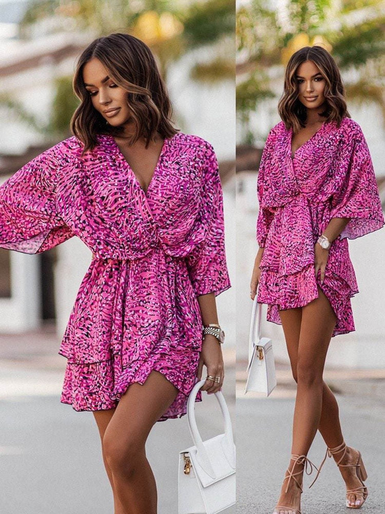 Women Sexy V Neck Mini Dresses Summer Boho Casual Floral Print Batwing Sleeve Dresses Female Ruffle Beach Party Dress Vestidos