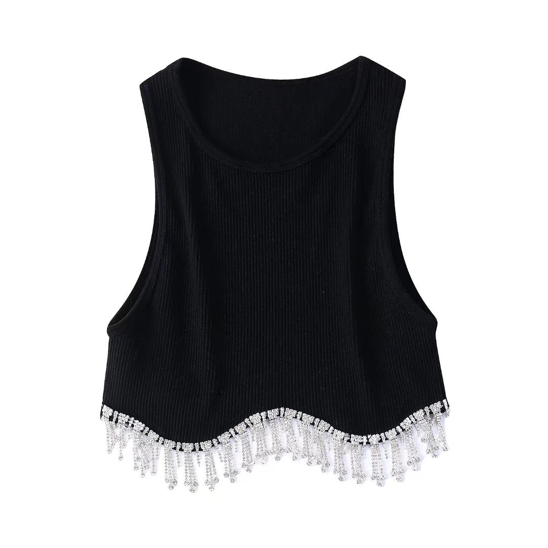 Zevity Women High Street Sexy Hem Tassel Diamond Beading Knitting T Shirt Chic Short Camis Tank Lady Slim Crop Vest Tops LS1311