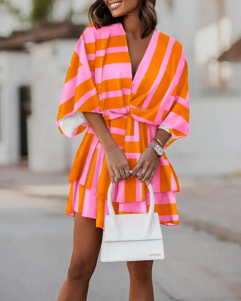 Women Sexy V Neck Mini Dresses Summer Boho Casual Floral Print Batwing Sleeve Dresses Female Ruffle Beach Party Dress Vestidos