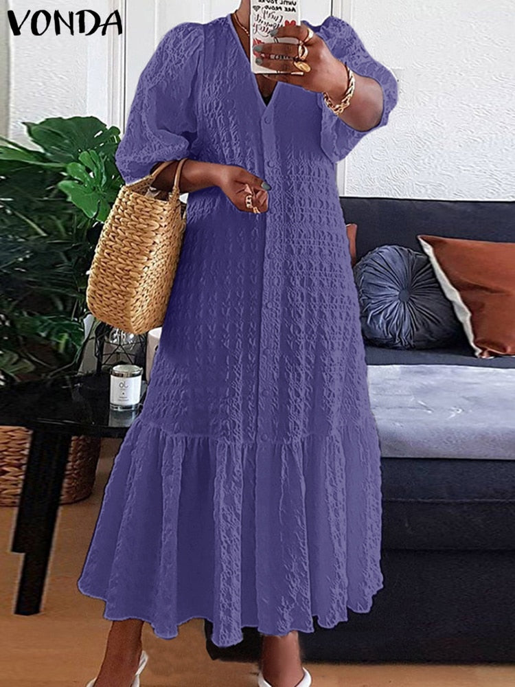 VONDA Plus Size 5XL Women Shirt Dress 2023 Autumn  Sexy V Neck Button Half Sleeve Long Maxi Vestidos Bohemian Elegant Party Robe