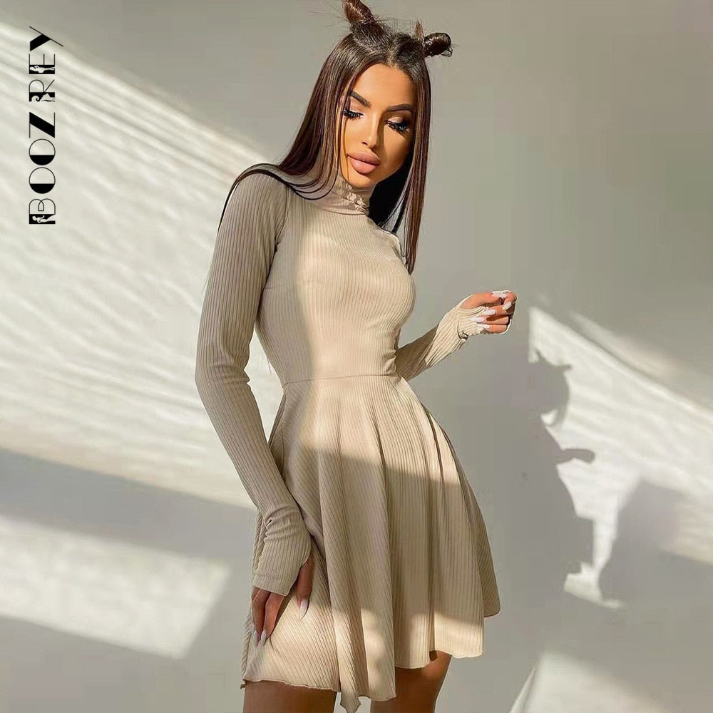 BoozRey Elegant Solid Dress for Women Long Sleeve Knitted Bottoming A-line Pleated Skirt Casual Streetwear Turtleneck Dress Girl
