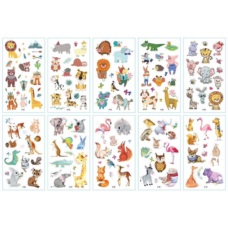 10Sheets/lot Children Cute Cartoon Unicorn Temporary Tattoo Stickers Baby Shower Kids Body Makeup Sticker Tattoos Mermaid Party