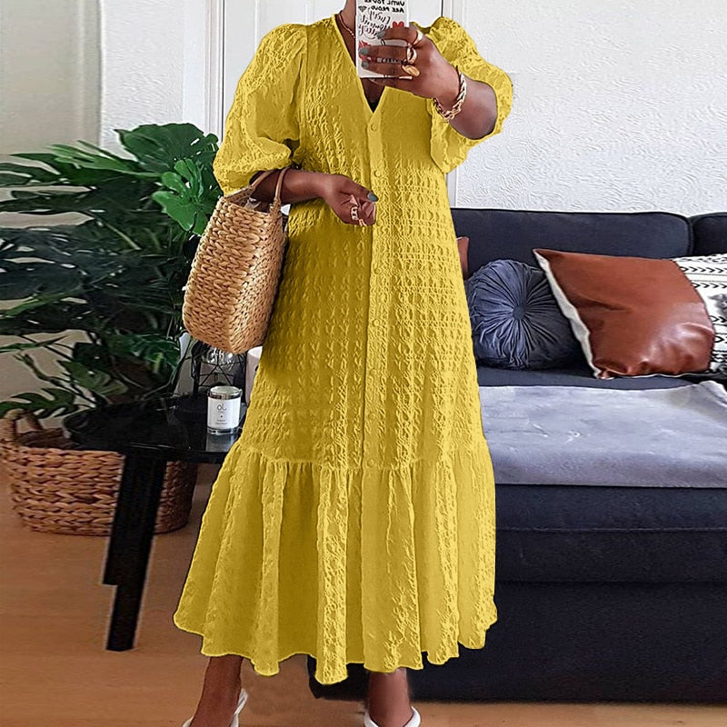 VONDA Plus Size 5XL Women Shirt Dress 2023 Autumn  Sexy V Neck Button Half Sleeve Long Maxi Vestidos Bohemian Elegant Party Robe