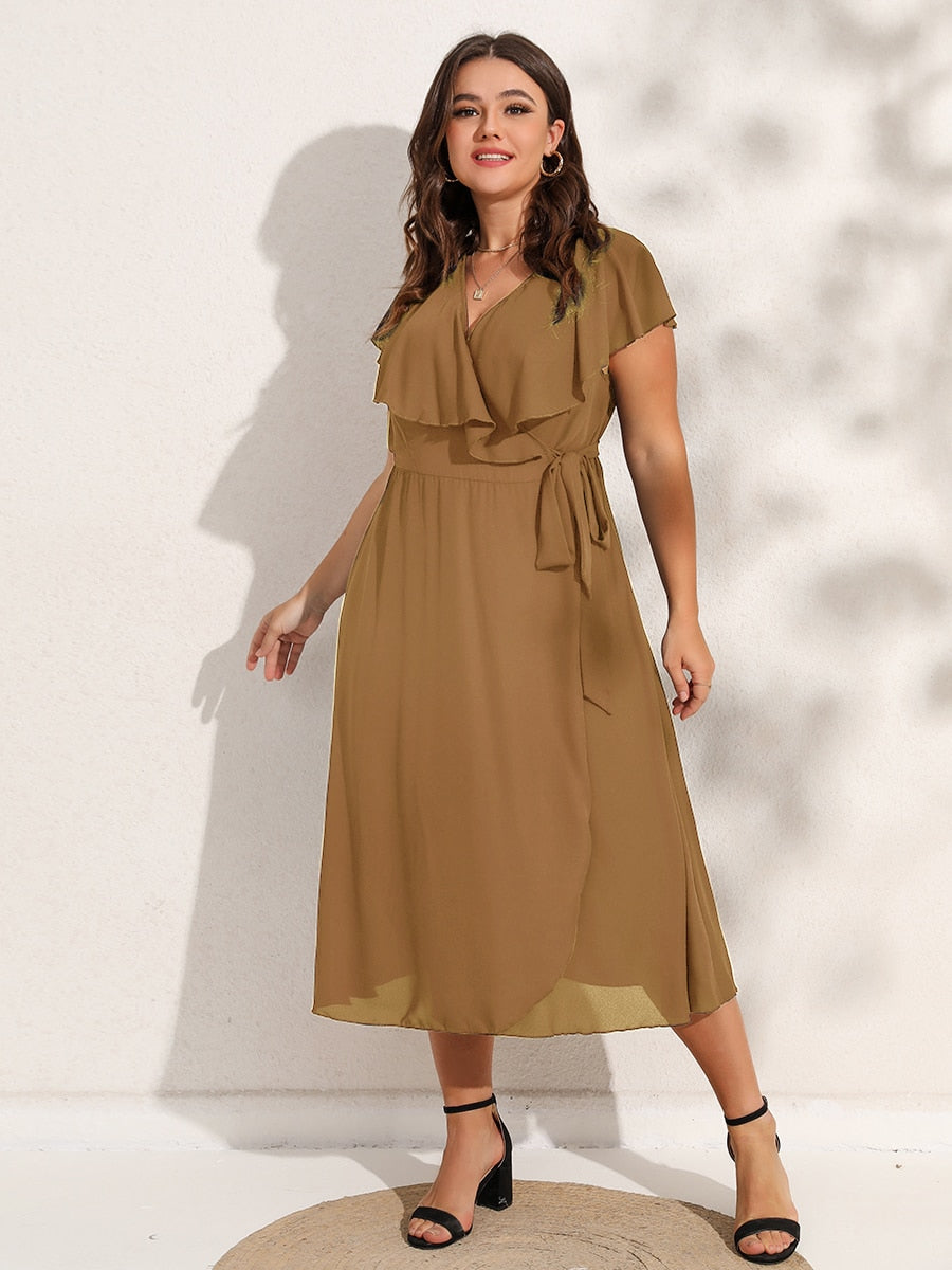 Finjani Party Dresses For Women 2022 Plus Size Summer Midi Dress V-Neck Solid Ruffle Sleeve Belted Wrap Dress