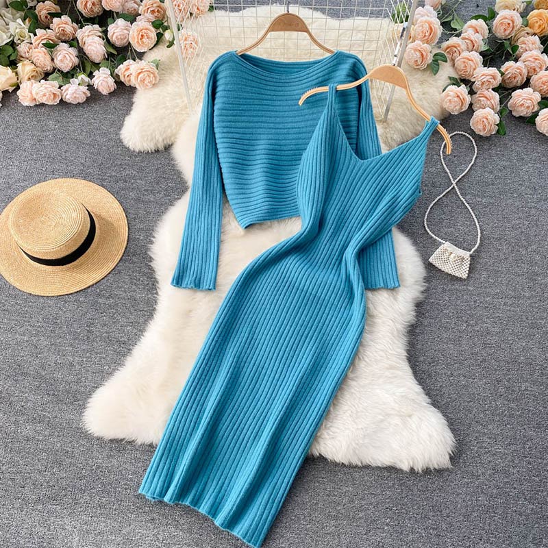 Women Elegant Slim Two Piece Sets Female Sweater Dress Autumn Winter High Waist Knitted Ensemble Femme Medium Long Party Dresses