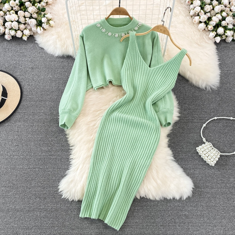 Women Elegant Slim Two Piece Sets Female Sweater Dress Autumn Winter High Waist Knitted Ensemble Femme Medium Long Party Dresses