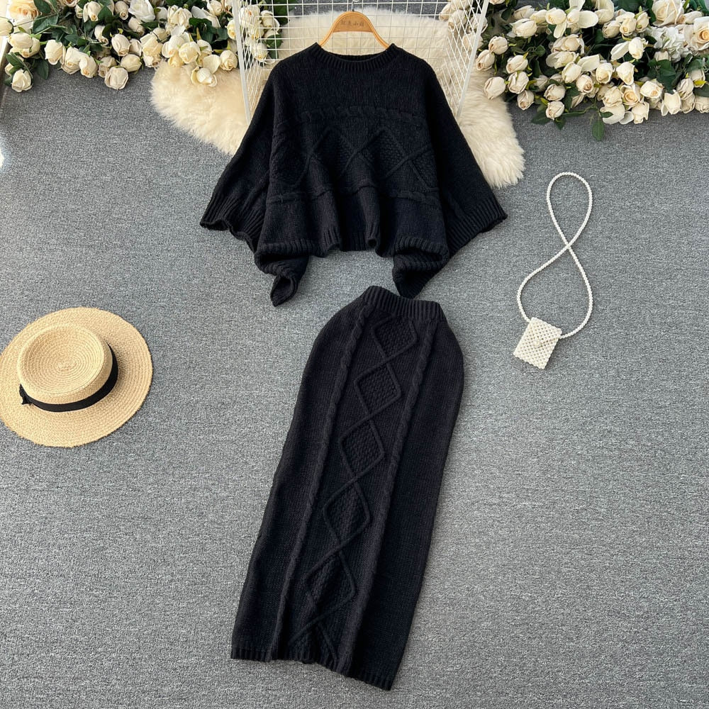 Women Elegant Slim Two Piece Sets Female Sweater Dress Autumn Winter High Waist Knitted Ensemble Femme Medium Long Party Dresses