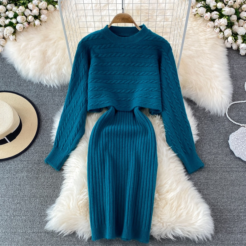 Women Elegant Slim Two Piece Sets Female Sweater Dress Autumn Winter High Waist Knitted Ensemble Femme Medium Long Party Dresses