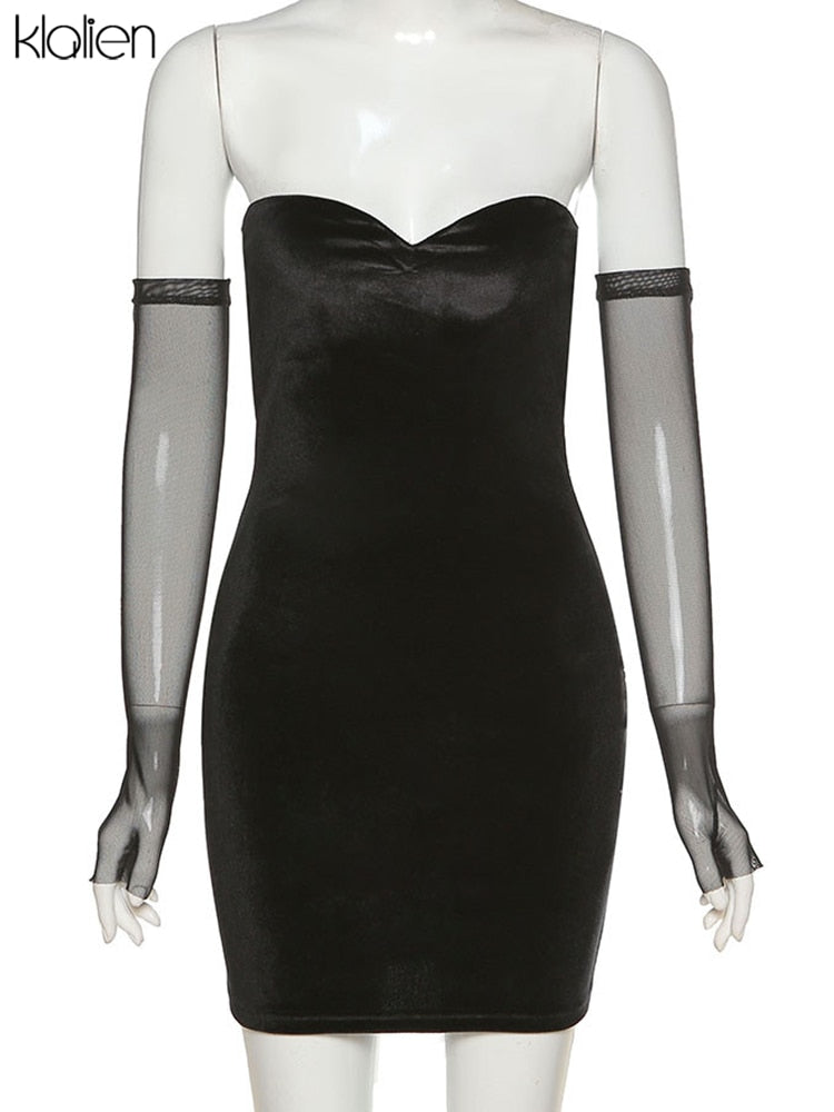 KLALIEN Fashion Sexy Party Beach Birthday Black Strapless Dress Women New Simple Slim Removable Mesh sleeves Female Dress