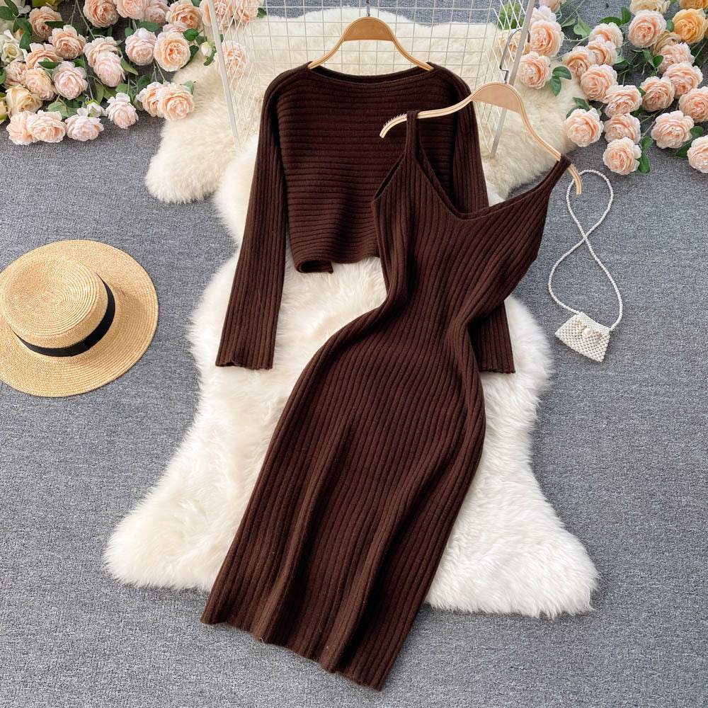 Women Elegant Slim Two Piece Sets Female Sweater Dress Autumn Winter High Waist Knitted Ensemble Femme Medium Long Party Dresses