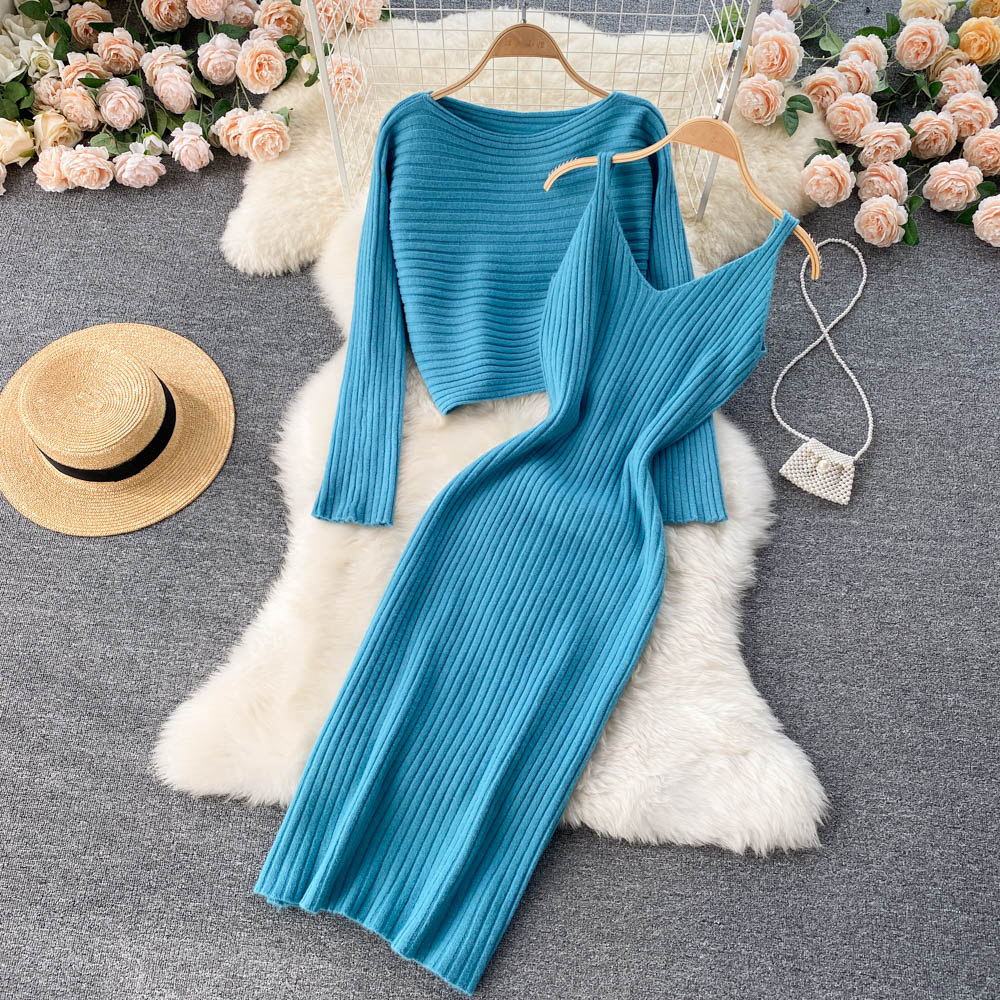 Women Elegant Slim Two Piece Sets Female Sweater Dress Autumn Winter High Waist Knitted Ensemble Femme Medium Long Party Dresses