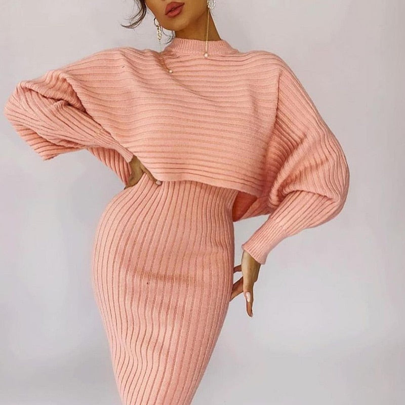 Women Elegant Slim Two Piece Sets Female Sweater Dress Autumn Winter High Waist Knitted Ensemble Femme Medium Long Party Dresses