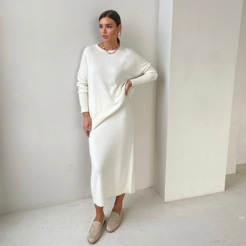 Hirsionsan Soft Vintage Lace Up Women Suits 2 Pieces Female Sets with Belt V Neck Cardigan &amp; Midi Dress Ladies Knitted TrackSuit