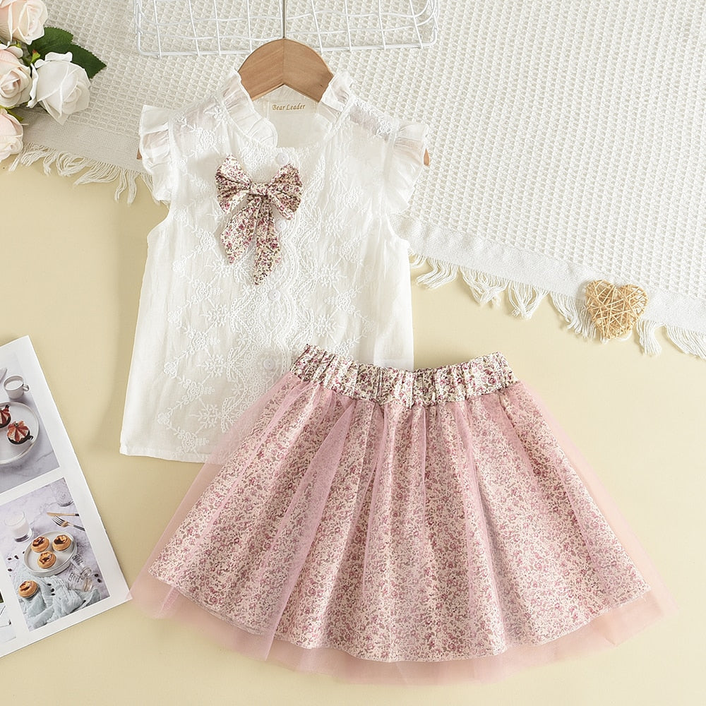 Bear Leader Girls Clothing Sets New Summer Sleeveless T-shirt+Print Bow Skirt 2Pcs for Kids Clothing Sets Baby Clothes Outfits