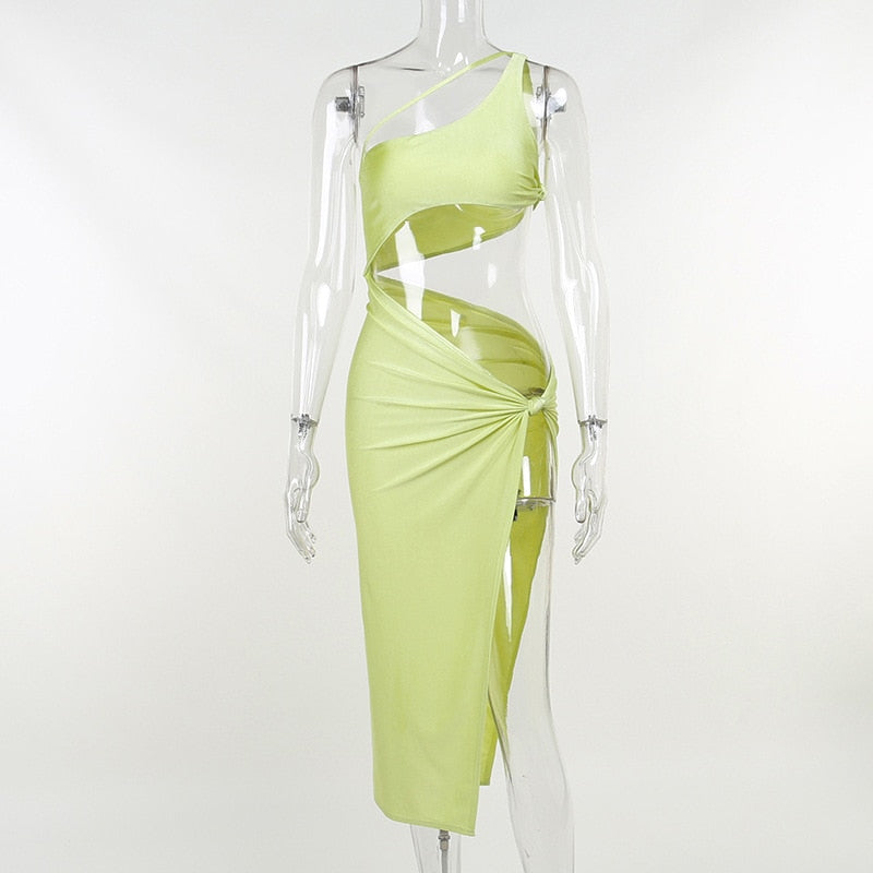 BoozRey Sexy One Shoulder Midi Dresses for Women Backless Split Club Party Hollow Cut Out 2022 Summer Sleeveless Birthday Dress