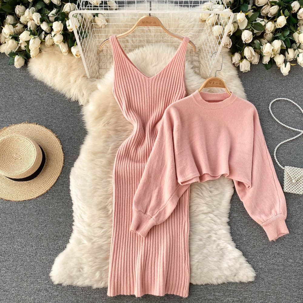 Women Elegant Slim Two Piece Sets Female Sweater Dress Autumn Winter High Waist Knitted Ensemble Femme Medium Long Party Dresses