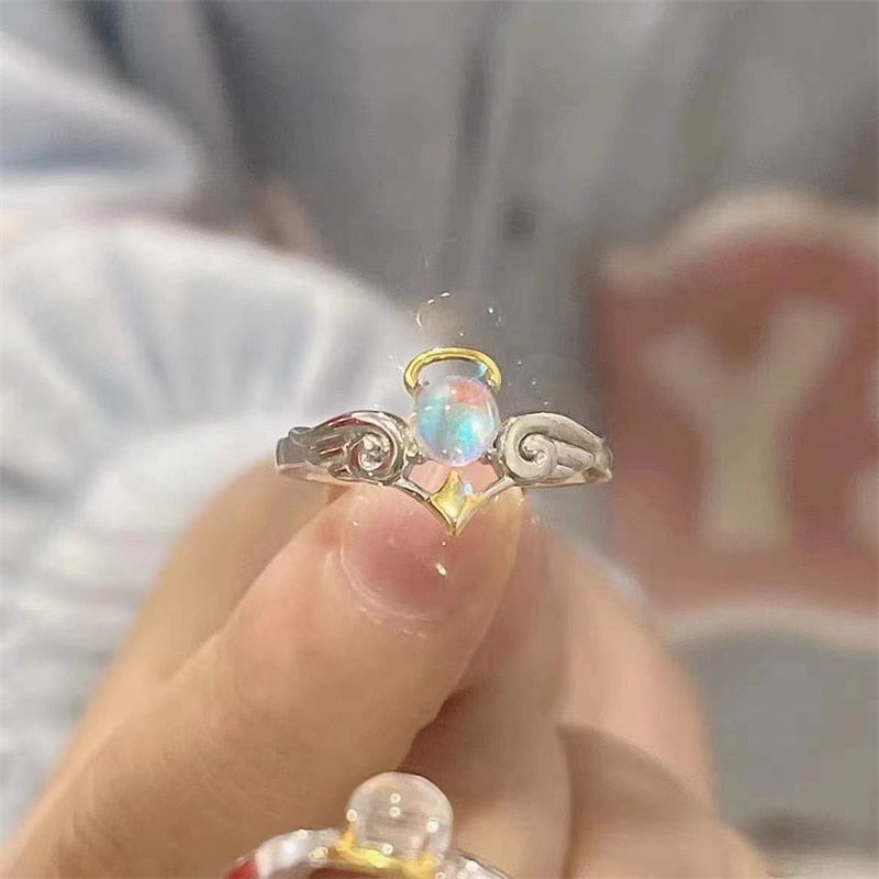Romantic Angel and Demon Wings Couple Rings For Women Goth Fashion Moonstone Adjustable Opening Finger Men&#39;s Ring Party Jewelry