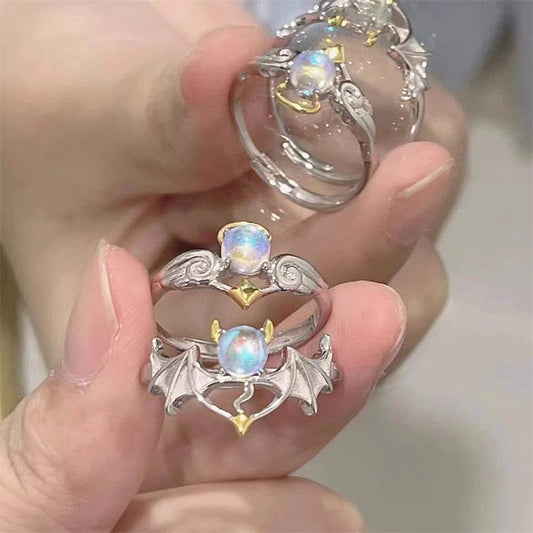 Romantic Angel and Demon Wings Couple Rings For Women Goth Fashion Moonstone Adjustable Opening Finger Men&#39;s Ring Party Jewelry