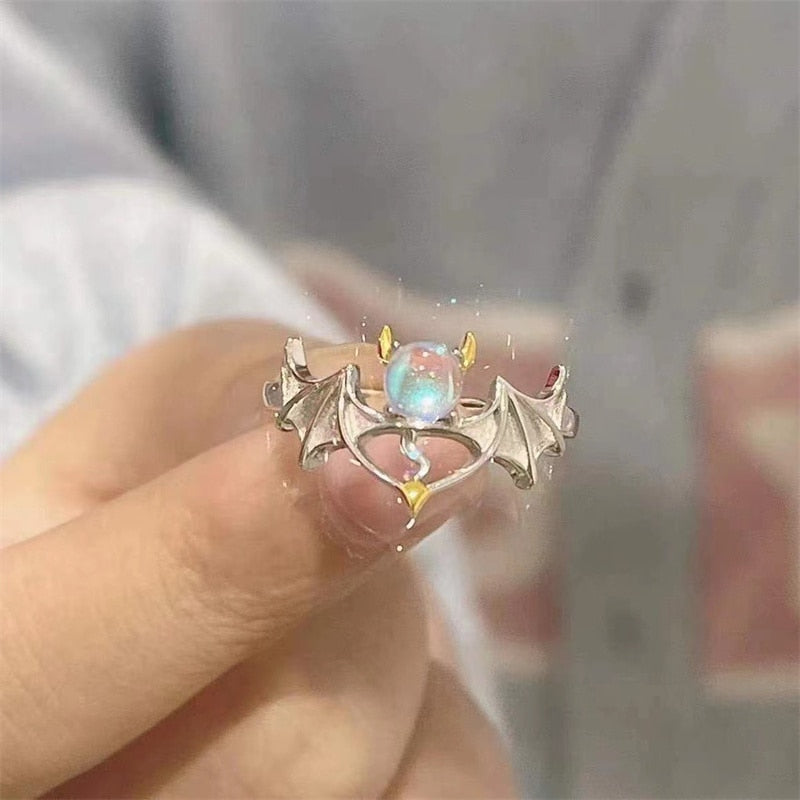 Romantic Angel and Demon Wings Couple Rings For Women Goth Fashion Moonstone Adjustable Opening Finger Men&#39;s Ring Party Jewelry