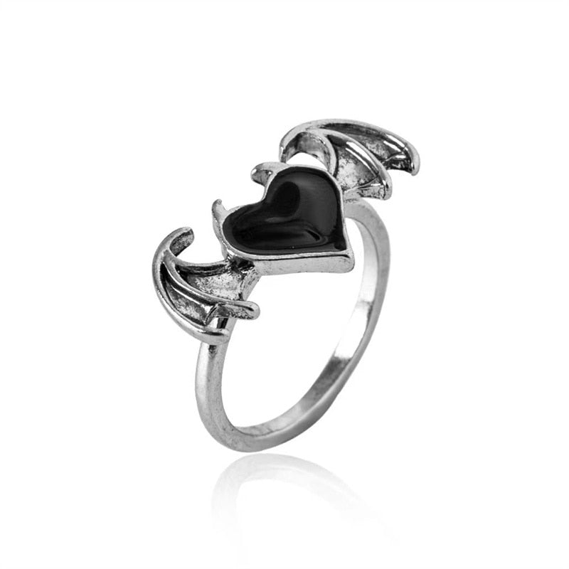 Romantic Angel and Demon Wings Couple Rings For Women Goth Fashion Moonstone Adjustable Opening Finger Men&#39;s Ring Party Jewelry