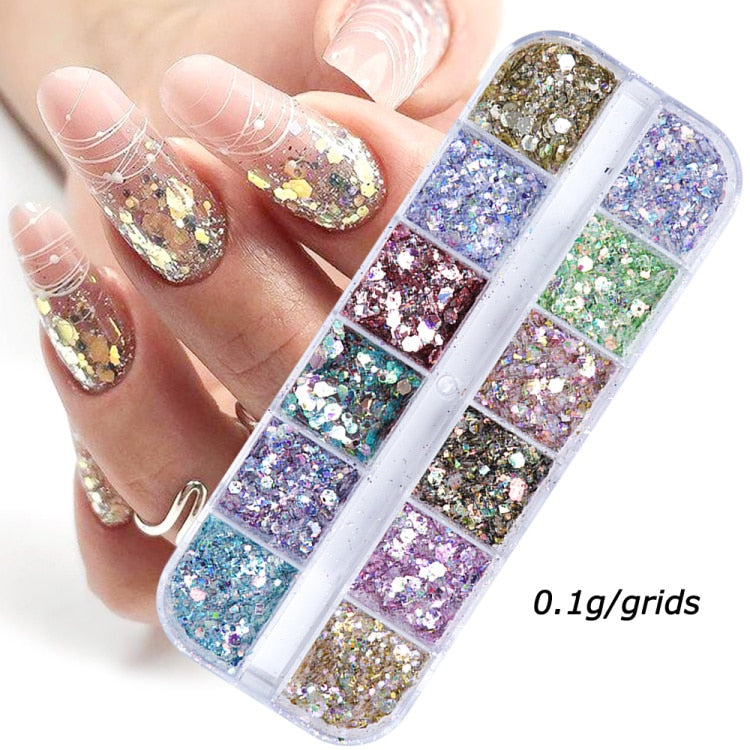 Iridescent Mixed Hexagon Nail Glitter Sequins Holo Flakes Nail Art Powder Gel Polish Paillette Manicure Accessories LADJ01-12-2