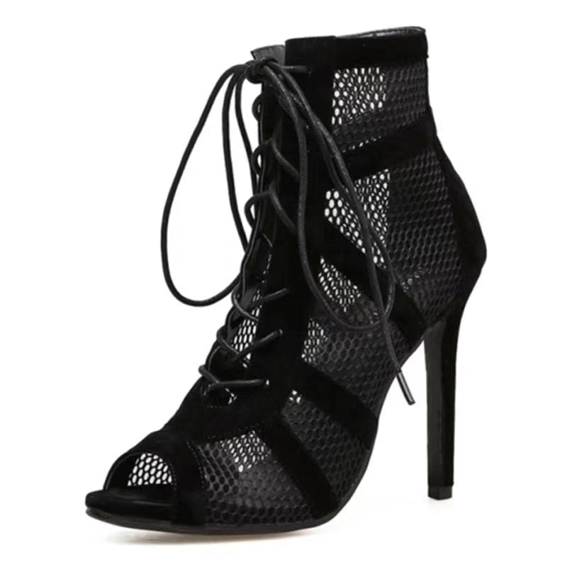 Women&#39;s Heels Sandals Summer 2023 Trend High Top Dance Shoes Black Ballroom Boots Salsa Tango Shoe Girl Fashion Party Mesh Cutot