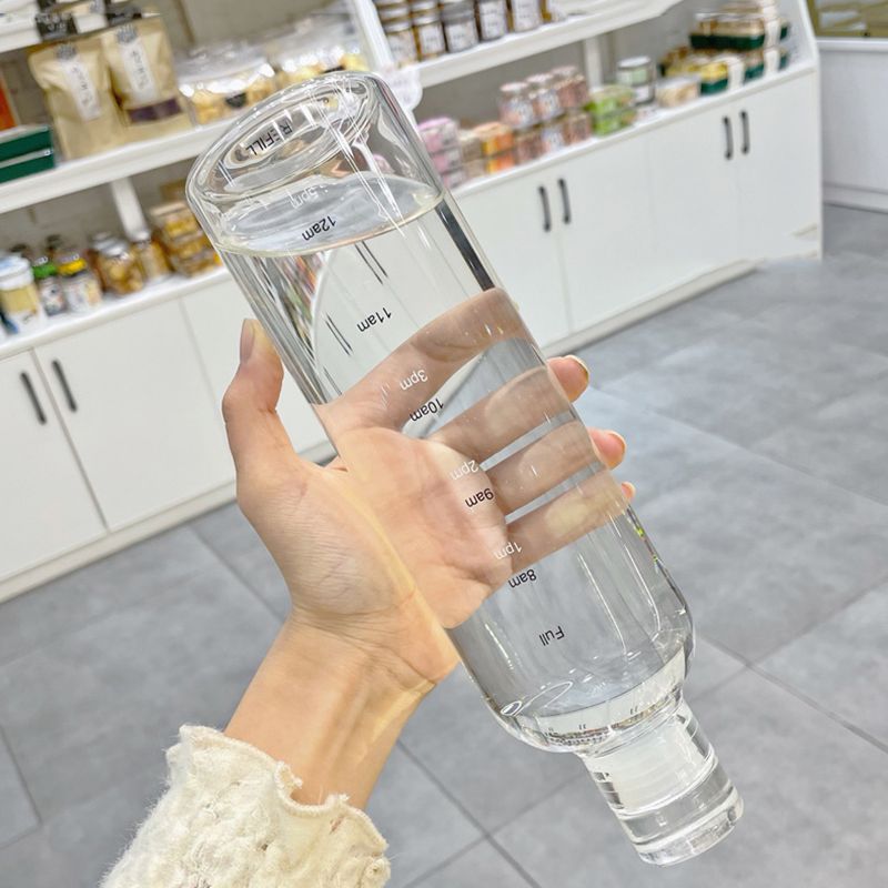 Botella de agua de vidrio de gran capacidad con marcador de tiempo, cubierta transparente para bebida de agua, leche, jugo, taza Simple, regalo de cumpleaños, 750ml