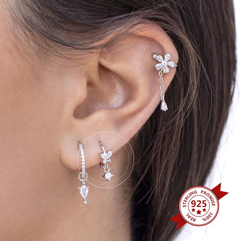 925 Sterling Silver Ear Needle Butterfly Hoop Earrings Colorful Crystal Animal Pendant Earrings for Women Party Fashion Jewelry