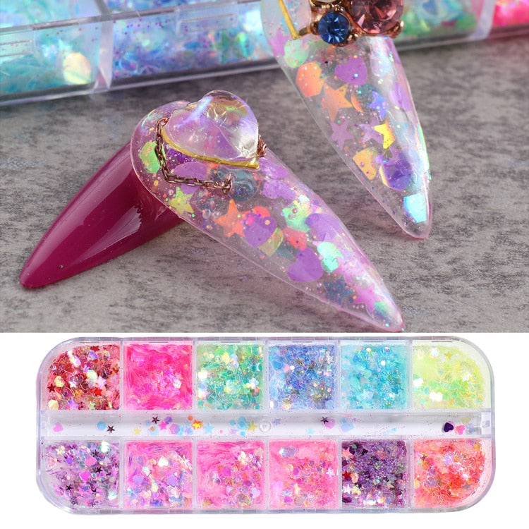 Iridescent Mixed Hexagon Nail Glitter Sequins Holo Flakes Nail Art Powder Gel Polish Paillette Manicure Accessories LADJ01-12-2