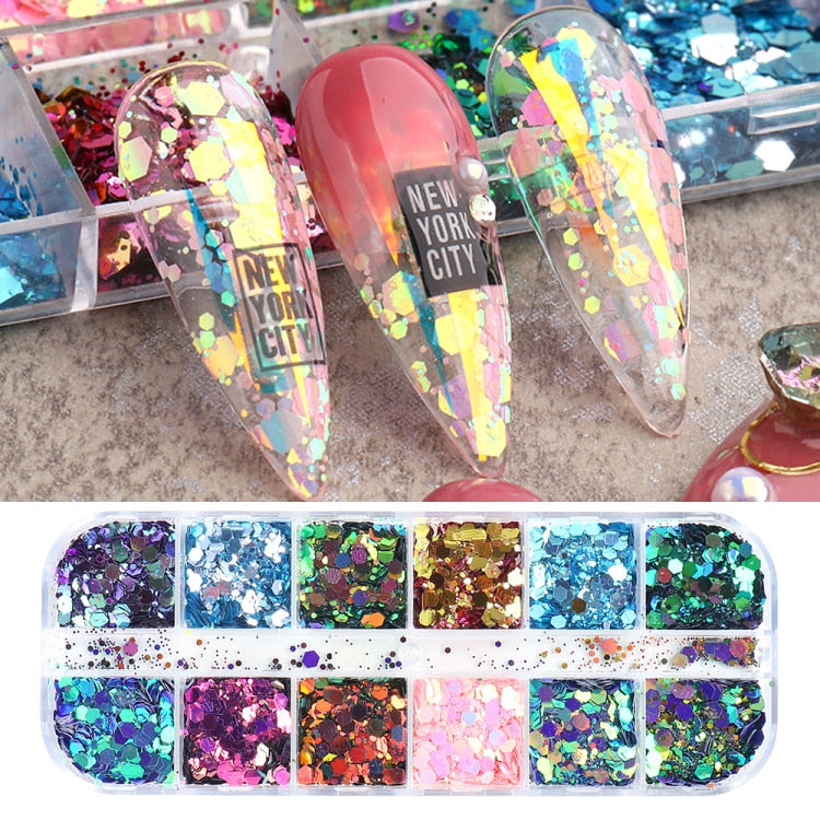 Iridescent Mixed Hexagon Nail Glitter Sequins Holo Flakes Nail Art Powder Gel Polish Paillette Manicure Accessories LADJ01-12-2