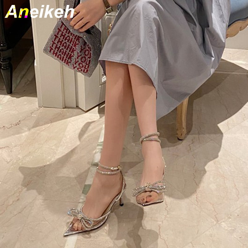 Aneikeh Spring/Autumn 2023 Women&#39;s Shoes Fashion Butterfly-Knot Narrow Band Bling Patchwork Cross-Tied Crystal Pointed Toe Pumps