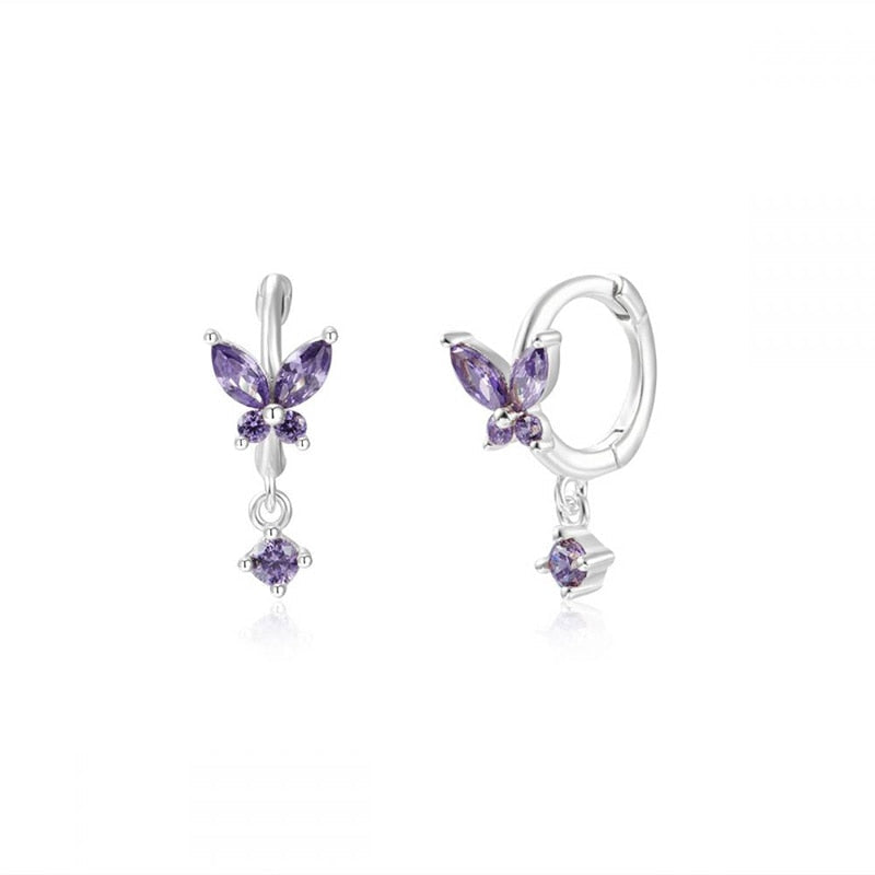 925 Sterling Silver Ear Needle Butterfly Hoop Earrings Colorful Crystal Animal Pendant Earrings for Women Party Fashion Jewelry