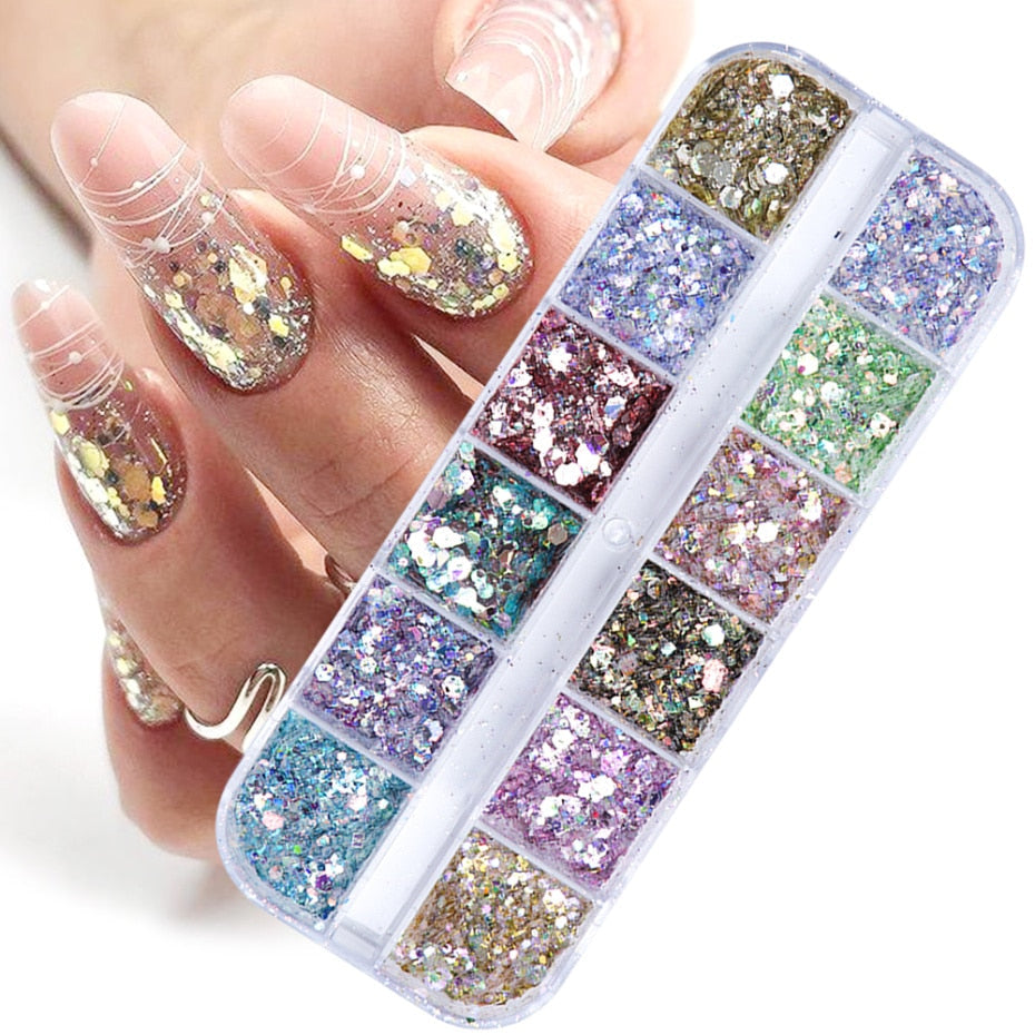 Iridescent Mixed Hexagon Nail Glitter Sequins Holo Flakes Nail Art Powder Gel Polish Paillette Manicure Accessories LADJ01-12-2