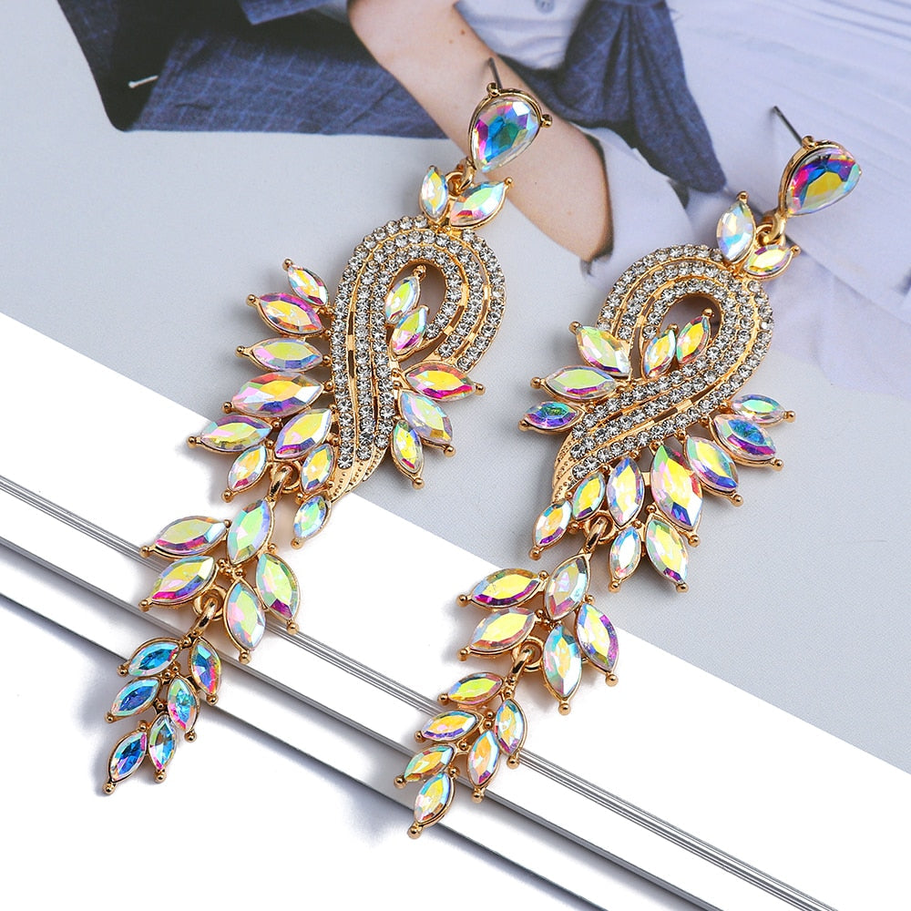 Design Dangle Earrings For Women Girl Luxury Elegant Metal Hollow Chain Leaves Crystal Brincos Pendant Jewelry Ear Accessories