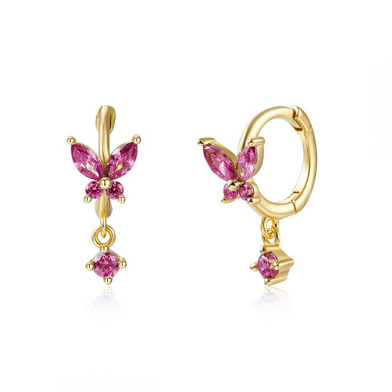 925 Sterling Silver Ear Needle Butterfly Hoop Earrings Colorful Crystal Animal Pendant Earrings for Women Party Fashion Jewelry