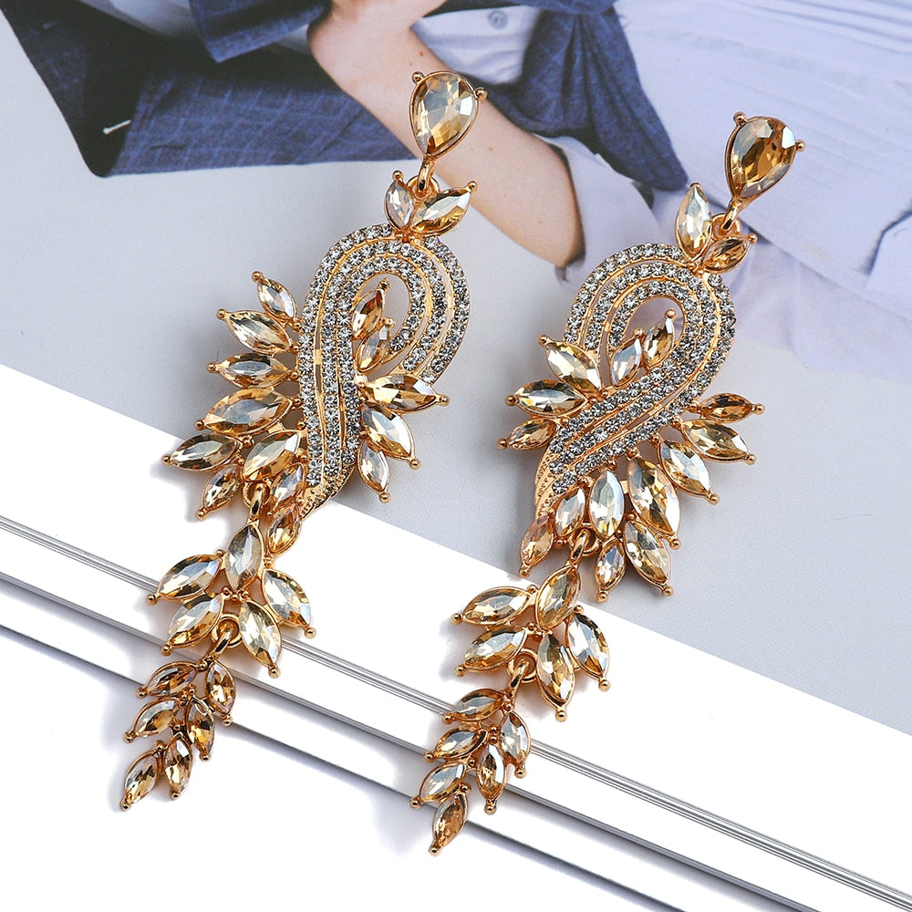 Design Dangle Earrings For Women Girl Luxury Elegant Metal Hollow Chain Leaves Crystal Brincos Pendant Jewelry Ear Accessories