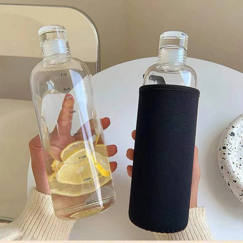 Botella de agua de vidrio de gran capacidad con marcador de tiempo, cubierta transparente para bebida de agua, leche, jugo, taza Simple, regalo de cumpleaños, 750ml