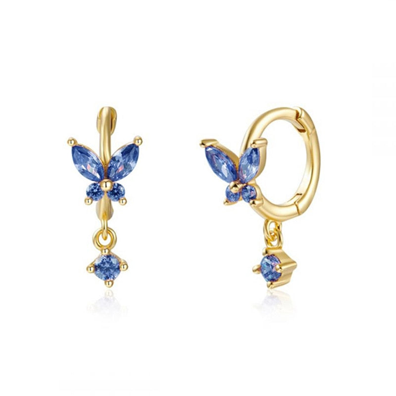 925 Sterling Silver Ear Needle Butterfly Hoop Earrings Colorful Crystal Animal Pendant Earrings for Women Party Fashion Jewelry