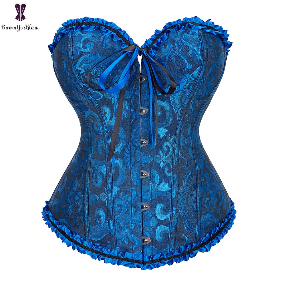 Yeşil kayısı kırmızı pembe Steampunk Korset kadın lengeries, çiçekli dantel kemikli korseler ve büstiyerler #810