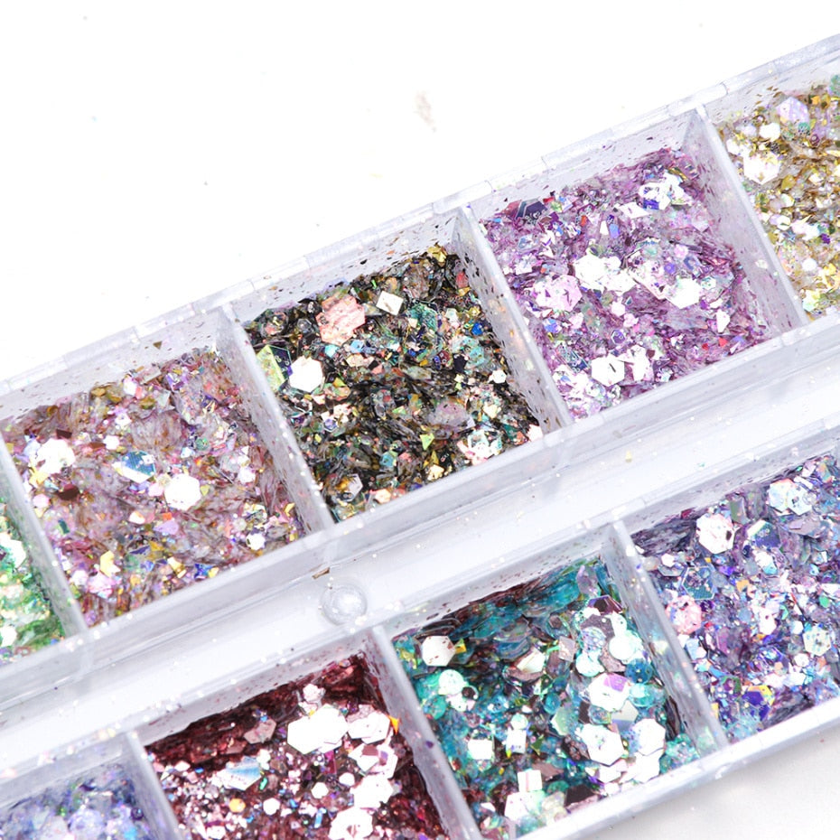Iridescent Mixed Hexagon Nail Glitter Sequins Holo Flakes Nail Art Powder Gel Polish Paillette Manicure Accessories LADJ01-12-2