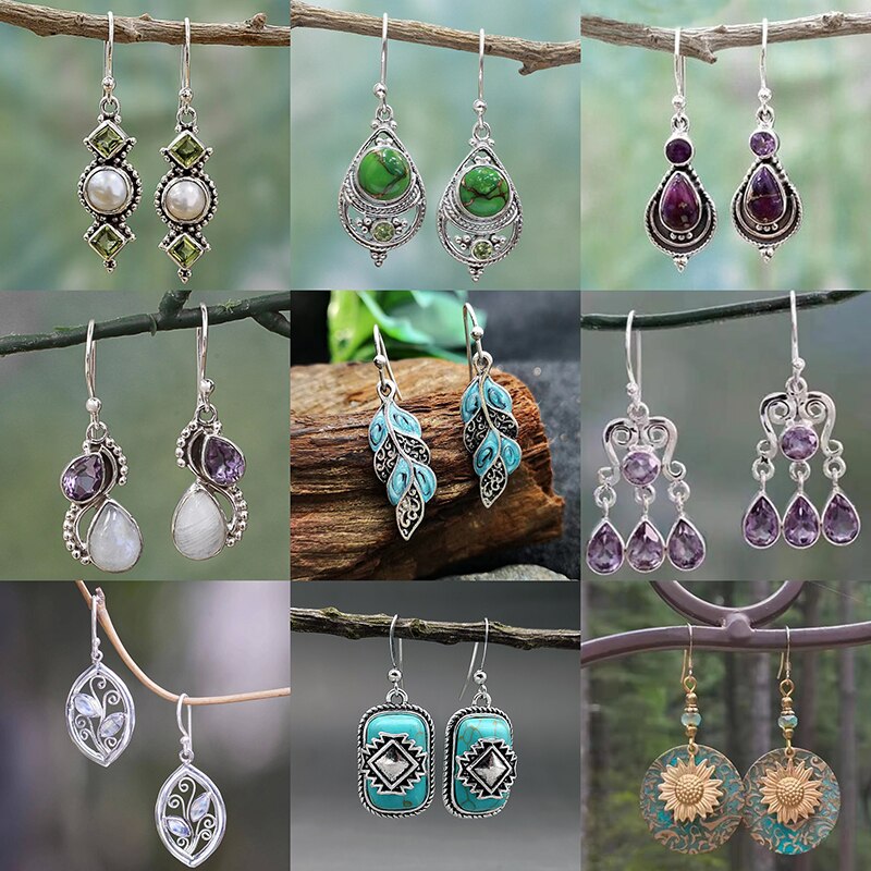 Boho Dangle Earrings for Women Vintage Selenite Turquoise Drop Earrings Ethnic Retro Pendant Ear Hook Beach Party Jewelry Gift