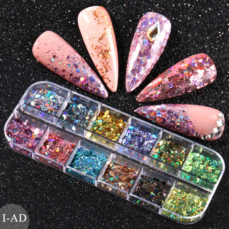 Iridescent Mixed Hexagon Nail Glitter Sequins Holo Flakes Nail Art Powder Gel Polish Paillette Manicure Accessories LADJ01-12-2