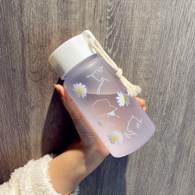 Large Mouth Frosted Daisy Portable Hemp Rope Plastic Water Cup Summer Fashion Girl Casual Water Bottle