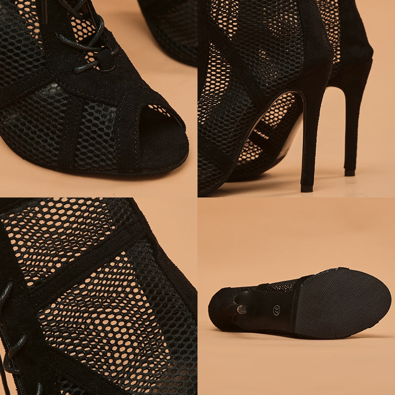 Women&#39;s Heels Sandals Summer 2023 Trend High Top Dance Shoes Black Ballroom Boots Salsa Tango Shoe Girl Fashion Party Mesh Cutot