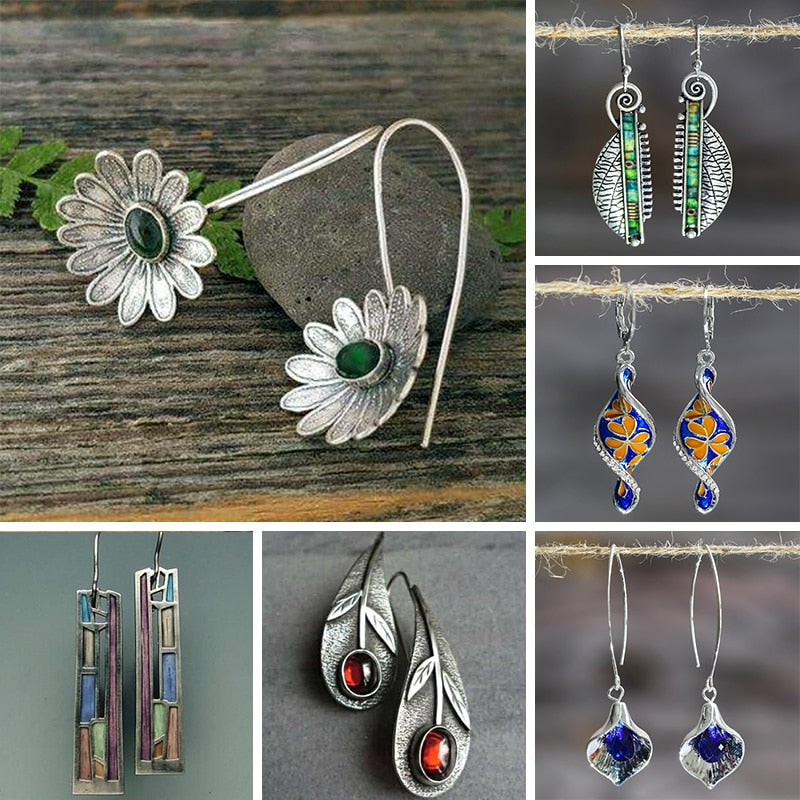Vintage Ethnic Flower Drop Hanging Earring for Women Tredn Fashion Lovely Ear Pendant Dangle Earrings Jewelry Accessories