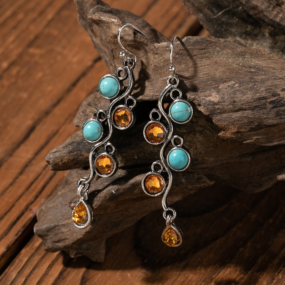 Boho Dangle Earrings for Women Vintage Selenite Turquoise Drop Earrings Ethnic Retro Pendant Ear Hook Beach Party Jewelry Gift